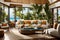 a tropical paradise with a lavish coastal living room, featuring sun-soaked hues, natural textures,