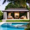 A tropical paradise outdoor lounge with a poolside cabana, lush greenery, and hanging hammocks2