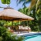 A tropical paradise outdoor lounge with a poolside cabana, lush greenery, and hanging hammocks4