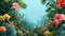 Tropical Paradise Panorama with Vibrant Flora. Expansive view of a lush tropical landscape surrounded by vivid flowers