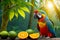 Tropical Paradise, Parrot Savors Fruits in Vibrant Rainforest Sunset, AI Generated