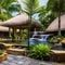 A tropical paradise patio with a thatched roof, palm trees, and a cascading waterfall feature4