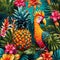 Tropical paradise patterns with palm leaves, pineapple and exotic birds, generate by AI