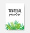 Tropical paradise poster with monstera, palm leaves and hand written phrase. Hand lettering inspirational typography