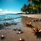 Tropical paradise Sand and blurred palm, beach bokeh depict summer travel concept