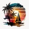 Tropical Paradise A Sunset Sailboat with Palms in the Background - Generative AI