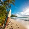 Tropical Paradise: Surfboard Standing Tall, Waves Beckoning