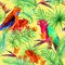 Tropical parrot bird, jungle leaves, exotic flowers. Seamless pattern. Water color