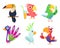 Tropical parrots characters. Feathered exotic macaw birds pets colored wings funny exotic flying arara action poses