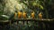 Tropical parrots sitting on a tree branch in the rainforest