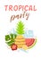 Tropical party banner with pineapple watermelon lemon tropic leaves. Cute beach composition Summer party poster