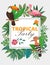 Tropical party poster with birds in exotic nature, palm leaves vector illustration. Tropical party frame and invitation