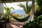 tropical patio with hammock, potted plants, and view of the ocean