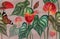 Tropical pattern background of anthurium flowers, red flower with leaves, plants with butterflies on pink background