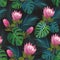 Tropical pattern with exotic protea flowers. Trendy vector seamless texture.