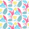 Tropical pattern with hand drawn leaves, exotic flowers and parrots. Hawaiian seamless texture, bright fabric design
