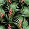 Tropical pattern with heliconia flowers and leaves. Exotic seamless pattern with tropical leaves.