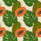 Tropical pattern with juicy papaya and monstera leaves on a beige background.