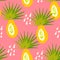 Tropical pattern with papaya and abstract elements on pink background. Ornament for textile and wrapping.