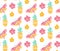 Tropical pattern with pineapple, flowers and butterfly. Pink, yellow and mint colors, diagonal direction. Summer textile