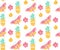 Tropical pattern with pineapple, flowers and butterfly. Pink, yellow and mint colors, diagonal direction. Summer textile