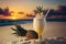 Tropical pina colada cocktail with pineapple, sunset on the sea, Generative AI 4