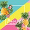 Tropical Pineapple Fruits and Flowers Summer Banner, Graphic Background, Exotic Floral Invitation, Flyer or Card