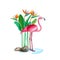 Tropical pink flamingo bird stands in water and strelitzia flowers and green leaves on backdrop. Vector illustration