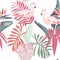 Tropical pink flamingo birds, bright palm leaves background. Seamless pattern. Jungle illustration. Exotic plants. Summer beach fl