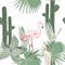 Tropical pink flamingo birds, cacti, palm leaves background. Seamless pattern.