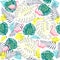 Tropical plants seamless pattern with flamingos.