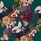 Tropical Plants Seamless Pattern, Tropical Jungel Leaves, Vines and Flowers on Quetzal Green Repeated Pattern Backround