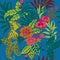 Tropical Plants Seamless Pattern, Tropical Jungel Leaves, Vines and FlowersOn Blue