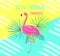 Tropical postcard. Summer background with flamingo and palm leaves.