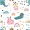 Tropical rainbow Africa. Seamless pattern with cute animals faces. Childish print for nursery in a Scandinavian style. For baby