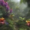 Tropical rainforests with colorful flowers in the morning. AI-Generated.