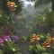 Tropical rainforests with colorful flowers in the morning. AI-Generated.