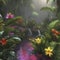 Tropical rainforests with colorful flowers in the morning. AI-Generated.