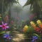 Tropical rainforests with colorful flowers in the morning. AI-Generated.
