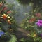 Tropical rainforests with colorful flowers in the morning. AI-Generated.