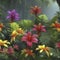 Tropical rainforests with colorful flowers in the morning. AI-Generated.