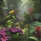 Tropical rainforests with colorful flowers in the morning. AI-Generated.