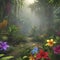 Tropical rainforests with colorful flowers in the morning. AI-Generated.