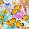 Tropical reef fish Clownfish Amphiprion ocellaris, anemone and seahorse, hand drawn watercolor. Seamless pattern