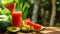 Tropical Refreshment: Vibrant Avocado and Watermelon Juice Displayed on a Table