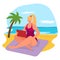 Tropical relaxation beach front side, cheerful vacation woman sitting hold gadget tablet flat vector illustration