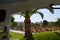 Tropical resort with beautiful green palms, white villas with red tiled roofs and cactus from the window of a tourist bus on a tri