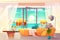 Tropical resort hotel room interior cartoon vector