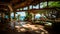 Tropical resort lobby with a thatched roof, wooden beams, and views of the ocean