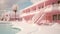 Tropical resort after unexpected snowstorm. Retro feel. Pink southern hotel with a swimming pool and palm trees. Generative AI